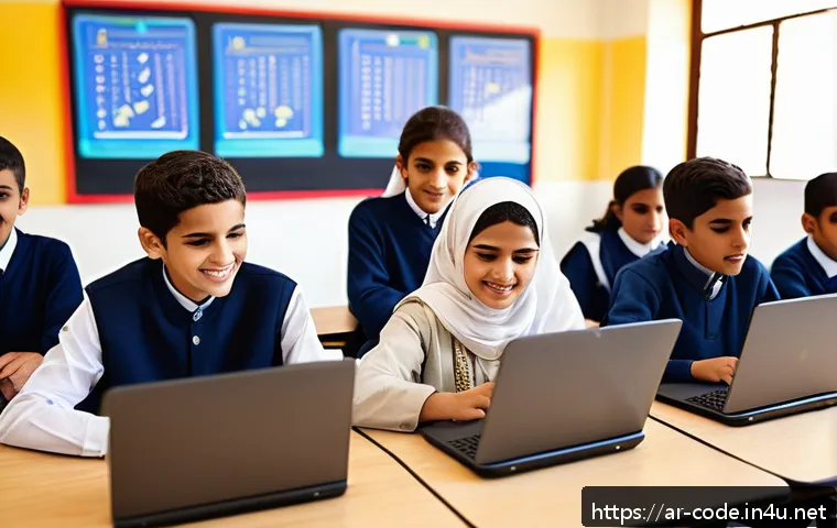 코딩교육지도사 업무에서 자주 쓰는 툴 - A modern classroom scene in a Middle Eastern school, featuring a diverse group of Arab students aged...