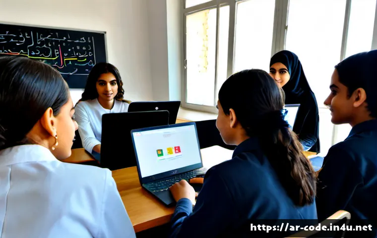 코딩교육지도사와 교육 철학 사례 - Photorealistic modern coding classroom in an Arab city, a confident Arab female coding education ins...