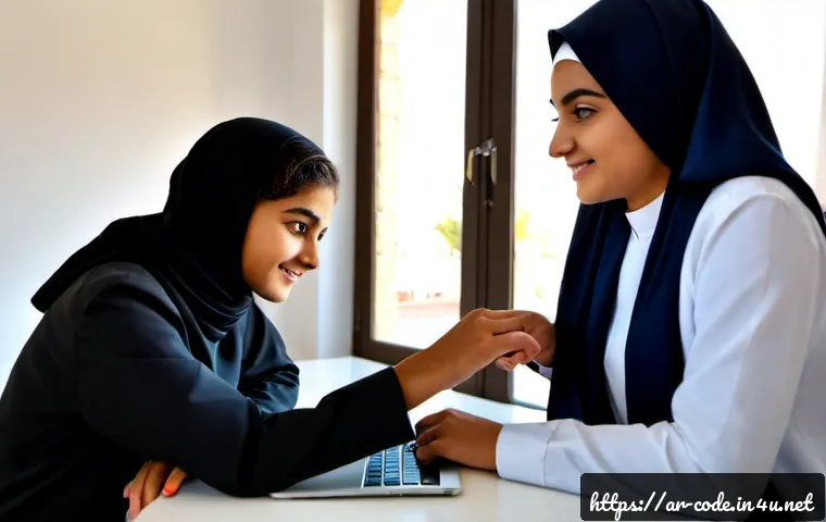 코딩교육지도사와 학습자 동기 부여 방법 - Photorealistic coding education mentor in modest professional attire guiding a motivated Arab teenag...