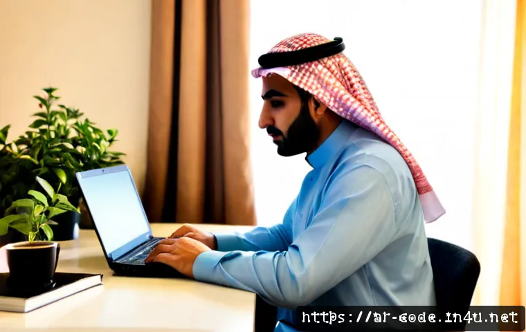 코딩교육지도사 업무 스트레스 관리법 - Photorealistic Arab coding education instructor in modest professional attire taking a calm breathin...