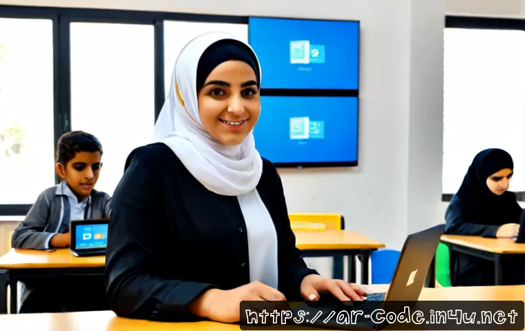 코딩교육지도사로서 코딩 학습 게임 개발 - Photorealistic modern coding classroom in an Arab city, a friendly Arab female coding education inst...