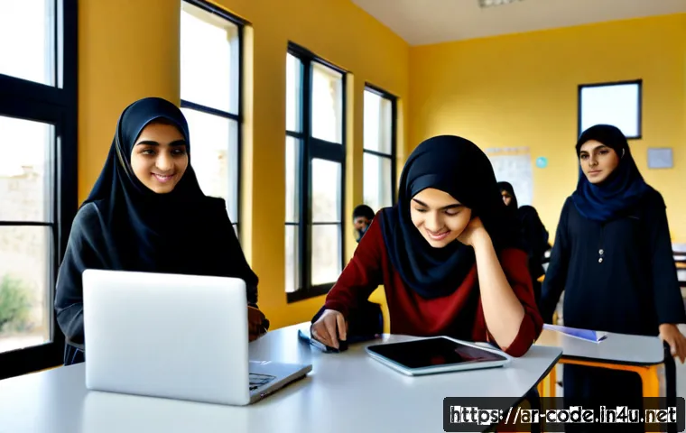 코딩교육지도사와 코딩 교육의 발전 전망 - Photorealistic coding education instructor guiding a diverse group of Arab teenagers in a bright mod...